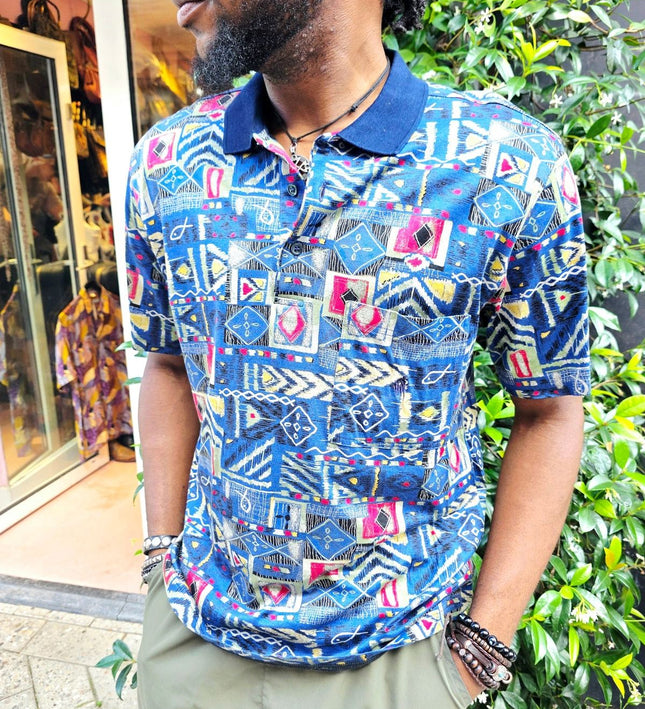 Vintage 90s Rodrigo Italian Patchwork Tribal Print Polo Shirt