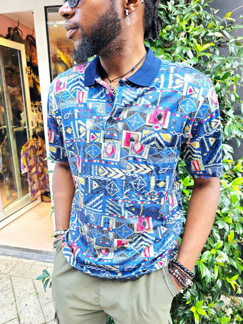 Vintage 90s Rodrigo Italian Patchwork Tribal Print Polo Shirt