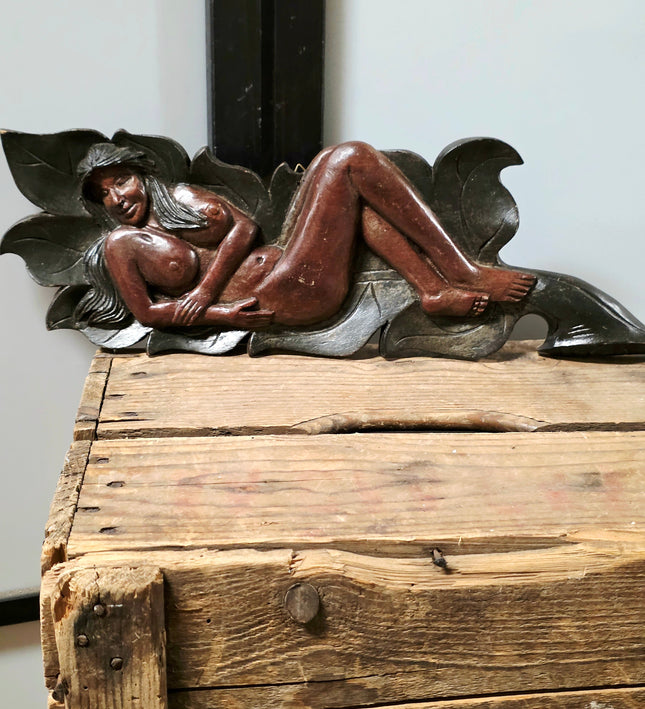 Vintage Art Nouveau Carved Wood Female Figure Wall Plaque - Signed S.P. - Yatva