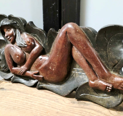 Vintage Art Nouveau Carved Wood Female Figure Wall Plaque - Signed S.P. - Yatva