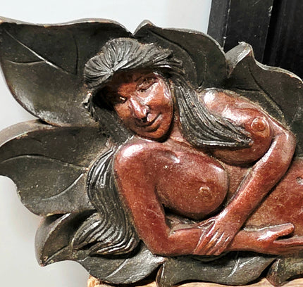 Vintage Art Nouveau Carved Wood Female Figure Wall Plaque - Signed S.P. - Yatva