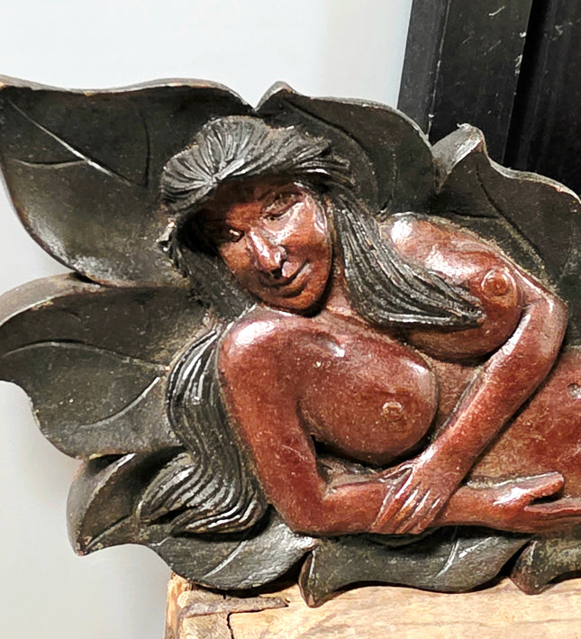 Vintage Art Nouveau Carved Wood Female Figure Wall Plaque - Signed S.P. - Yatva