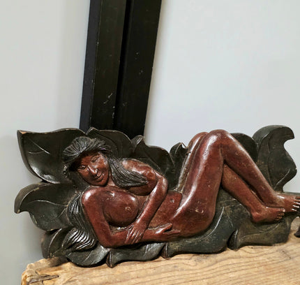Vintage Art Nouveau Carved Wood Female Figure Wall Plaque - Signed S.P. - Yatva