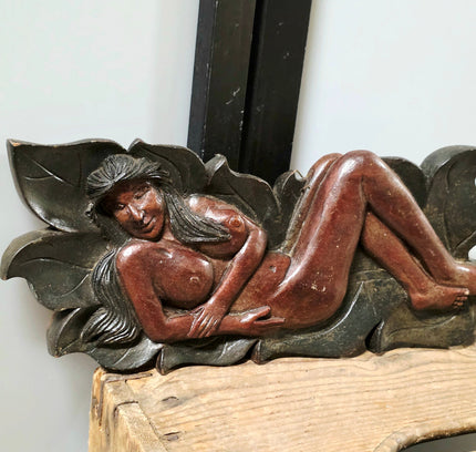 Vintage Art Nouveau Carved Wood Female Figure Wall Plaque - Signed S.P. - Yatva