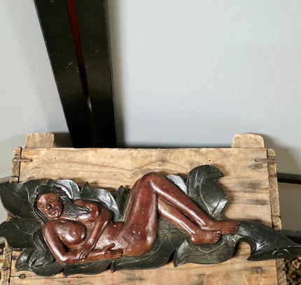 Vintage Art Nouveau Carved Wood Female Figure Wall Plaque - Signed S.P. - Yatva