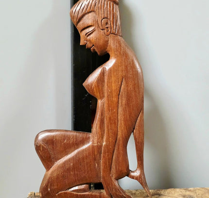 Vintage Balinese Art Deco Wood Carving – Mid-Century Kneeling Woman Statue - Yatva