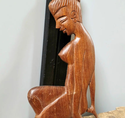 Vintage Balinese Art Deco Wood Carving – Mid-Century Kneeling Woman Statue - Yatva