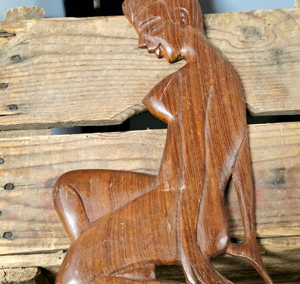 Vintage Balinese Art Deco Wood Carving – Mid-Century Kneeling Woman Statue - Yatva