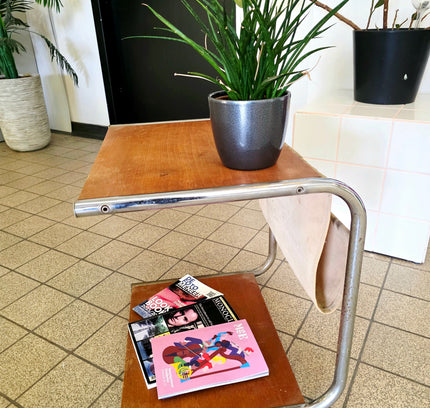 Vintage Bauhaus - Style Chrome & Wood Side Table - Yatva
