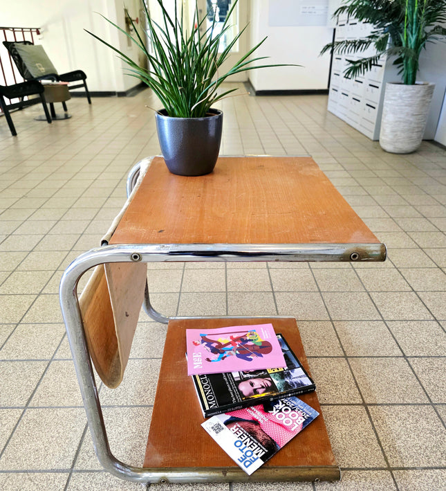 Vintage Bauhaus - Style Chrome & Wood Side Table - Yatva