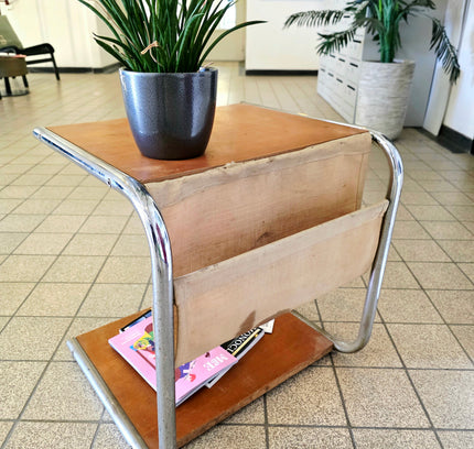Vintage Bauhaus - Style Chrome & Wood Side Table - Yatva