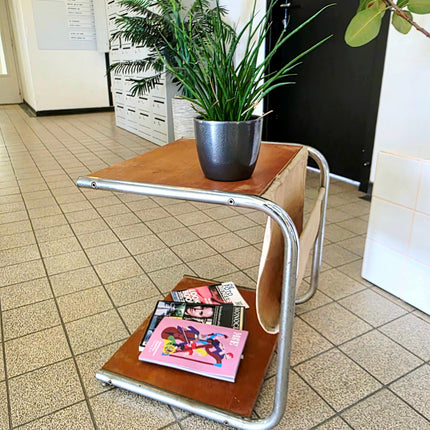 Vintage Bauhaus - Style Chrome & Wood Side Table - Yatva