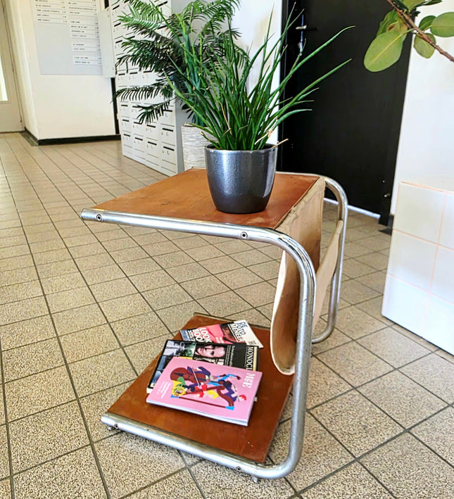 Vintage Bauhaus - Style Chrome & Wood Side Table - Yatva