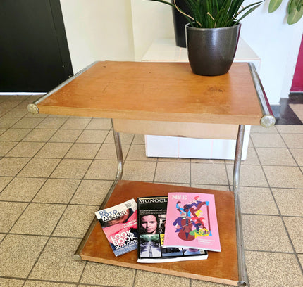 Vintage Bauhaus - Style Chrome & Wood Side Table - Yatva