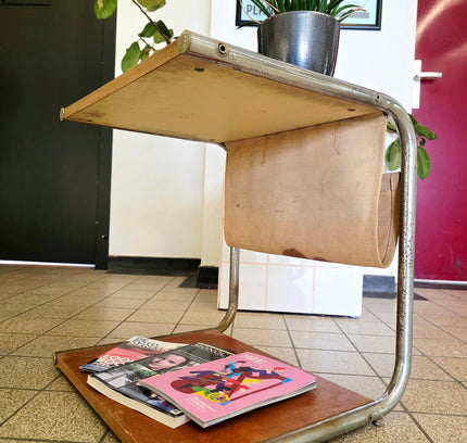 Vintage Bauhaus - Style Chrome & Wood Side Table - Yatva