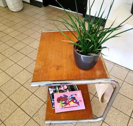 Vintage Bauhaus - Style Chrome & Wood Side Table - Yatva