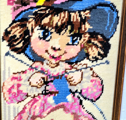 Vintage Big Eye Framed Needlework Tapestry - Yatva