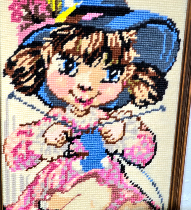 Vintage Big Eye Framed Needlework Tapestry - Yatva
