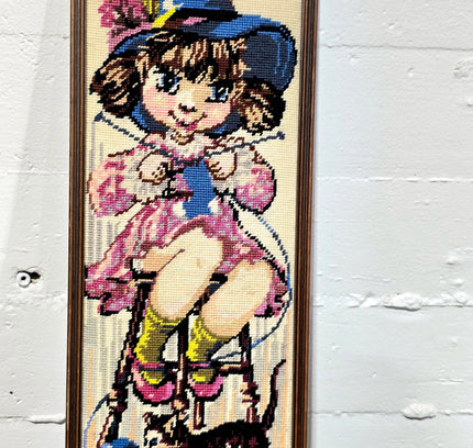 Vintage Big Eye Framed Needlework Tapestry - Yatva