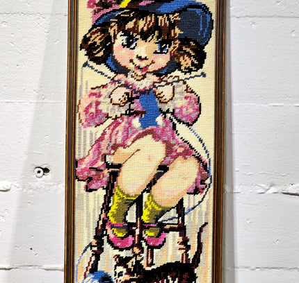 Vintage Big Eye Framed Needlework Tapestry - Yatva