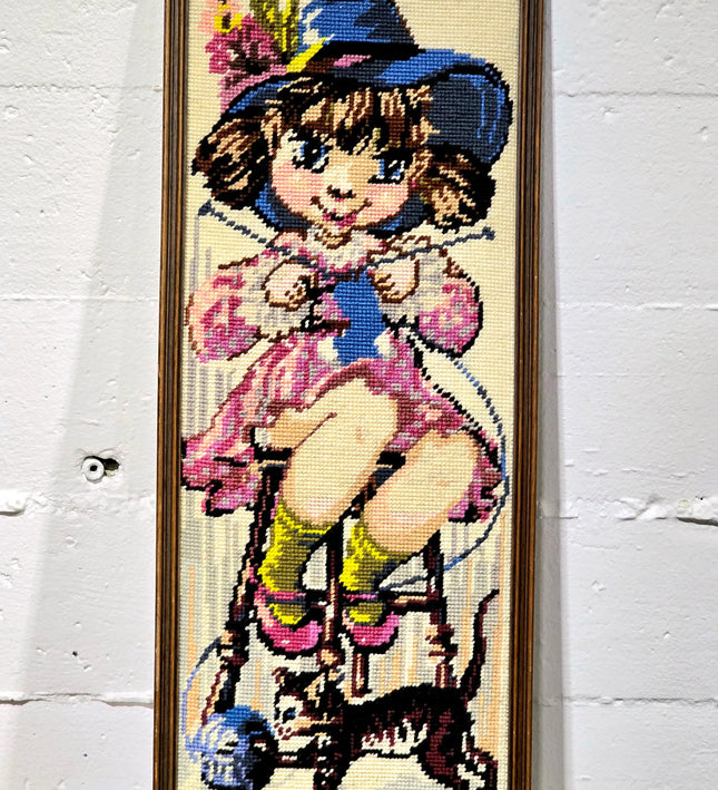 Vintage Big Eye Framed Needlework Tapestry - Yatva