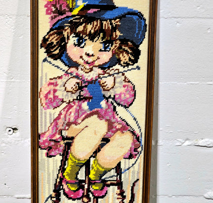 Vintage Big Eye Framed Needlework Tapestry - Yatva