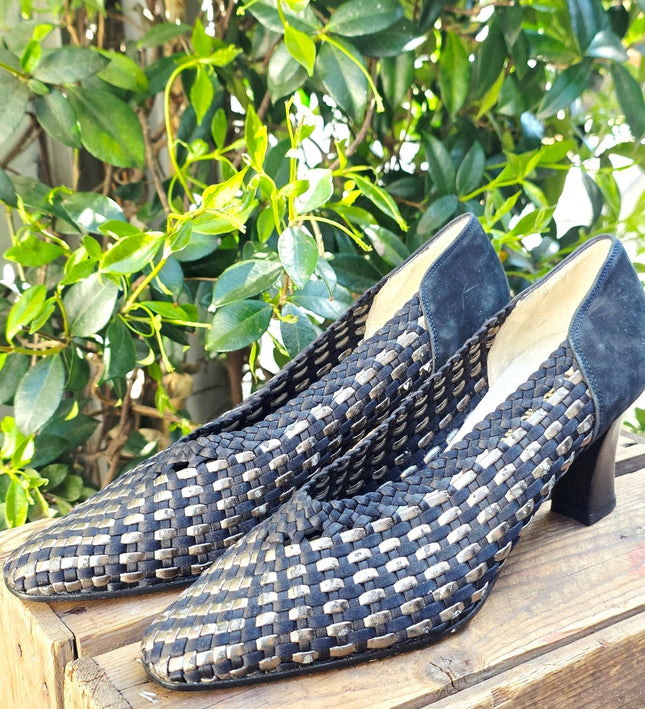 Vintage Brand New 80s Gian Moreno Melchiorri Woven Leather Heel Shoes - Yatva