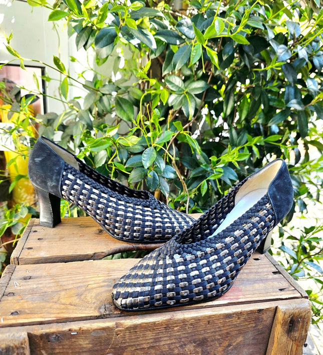 Vintage Brand New 80s Gian Moreno Melchiorri Woven Leather Heel Shoes - Yatva