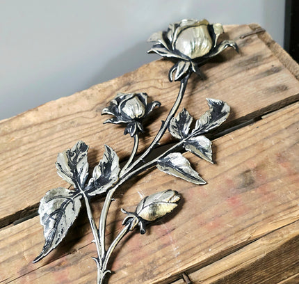 Vintage Brutalist Silver-Plated Rose Wall Art Plaque | 3D Metal Sculpture - Yatva