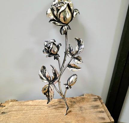 Vintage Brutalist Silver-Plated Rose Wall Art Plaque | 3D Metal Sculpture - Yatva