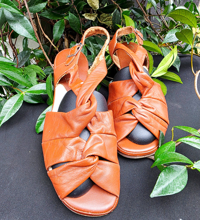 Vintage Clarks Caribees Tan Leather Crossover Slingback Sandals - Yatva