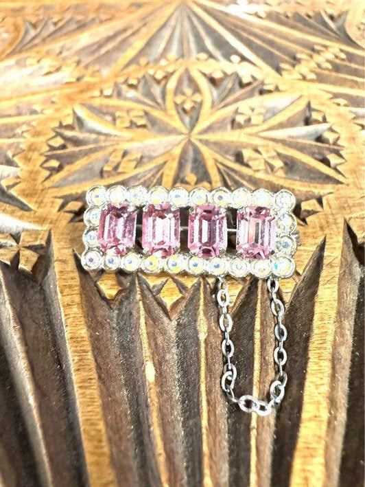 Vintage Costume Silver - Tone Clear & Pink Rhinestone Brooch - Yatva