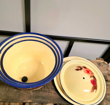 Vintage Diamond (3 Set ) Enamelware Pot with 2 Cover - Yatva
