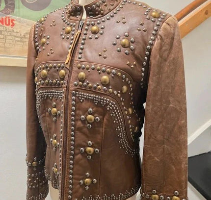 Vintage Double - D Ranch Texas Leather Gold Studded Jacket - Yatva
