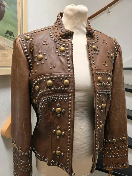 Vintage Double - D Ranch Texas Leather Gold Studded Jacket - Yatva