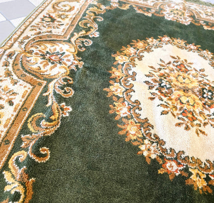 Vintage Emerald Green Traditional Persian Style Medallion Area Rug with Fringe - Yatva