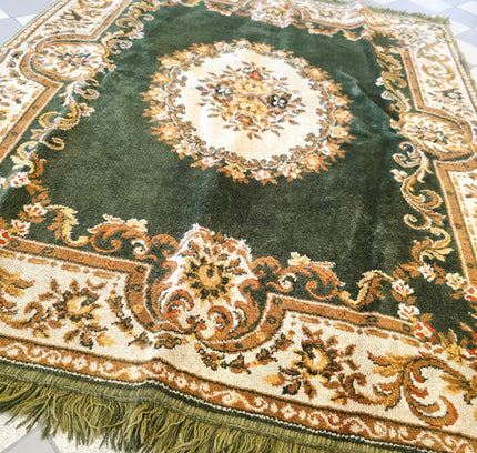 Vintage Emerald Green Traditional Persian Style Medallion Area Rug with Fringe - Yatva