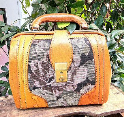 Vintage Floral Tapestry & Leather Gladstone Hand Bag - Yatva