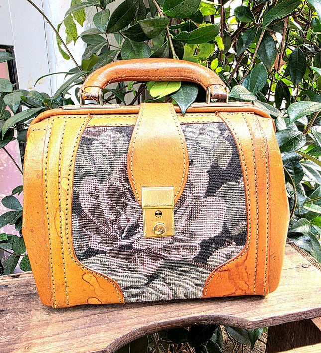 Vintage Floral Tapestry & Leather Gladstone Hand Bag - Yatva