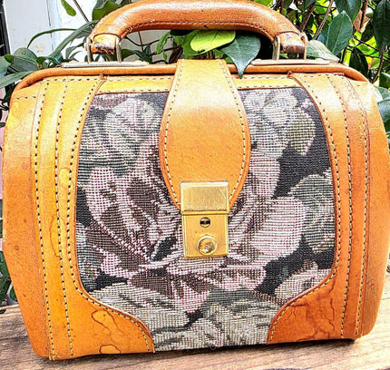 Vintage Floral Tapestry & Leather Gladstone Hand Bag - Yatva