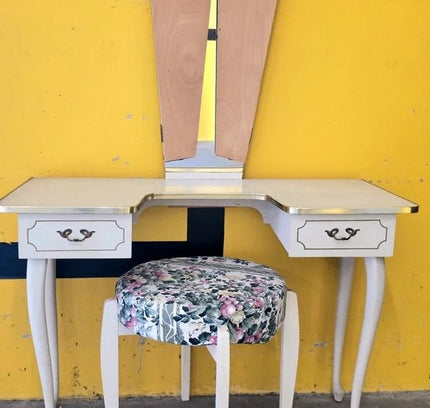 Vintage French Vanity Desk /Flip - Up Mirror & Floral Stool - Yatva