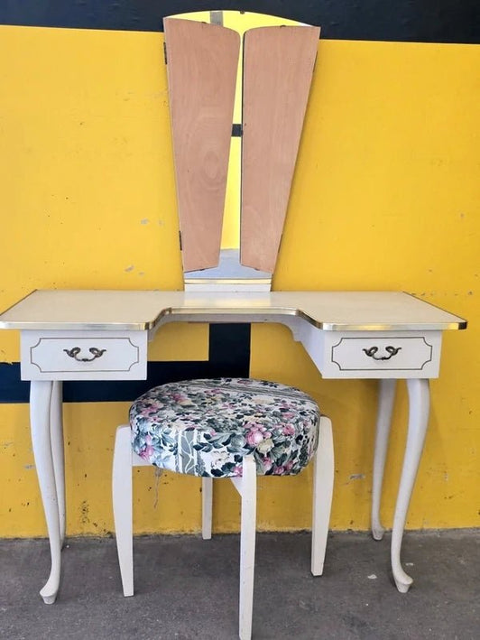Vintage French Vanity Desk /Flip - Up Mirror & Floral Stool - Yatva