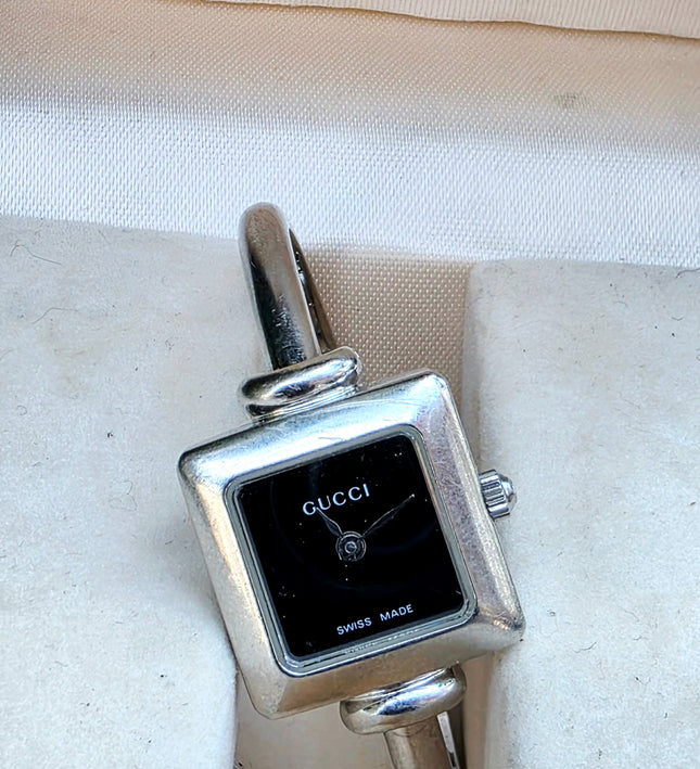 Vintage Gucci 1900L Stainless Steel Bangle Watch - Black Square Dial Luxury Cuff - Yatva