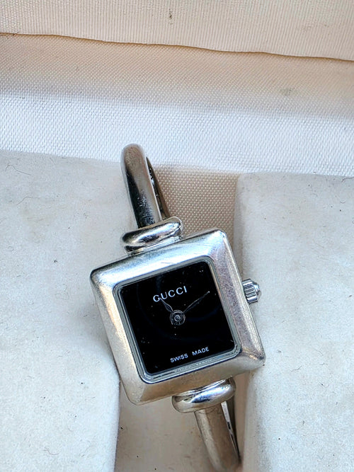Vintage Gucci 1900L Stainless Steel Bangle Watch - Black Square Dial Luxury Cuff