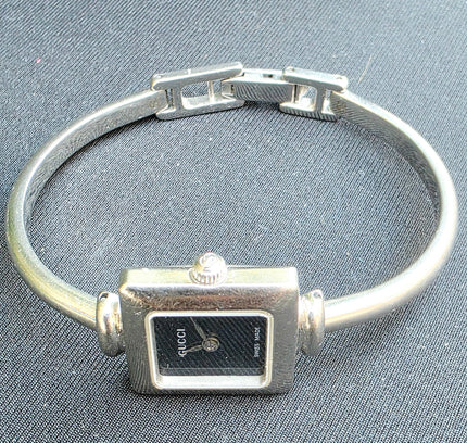 Vintage Gucci 1900L Stainless Steel Bangle Watch - Black Square Dial Luxury Cuff - Yatva