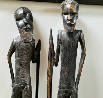 Vintage Hand-Carved African Wooden Statues - Pair of Tribal Warrior Sculptures, Mid-Century East African Folk Art Figures (Set of 2) - Yatva