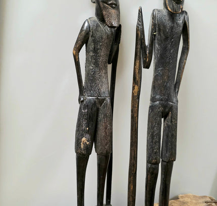 Vintage Hand-Carved African Wooden Statues - Pair of Tribal Warrior Sculptures, Mid-Century East African Folk Art Figures (Set of 2) - Yatva
