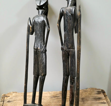 Vintage Hand-Carved African Wooden Statues - Pair of Tribal Warrior Sculptures, Mid-Century East African Folk Art Figures (Set of 2) - Yatva