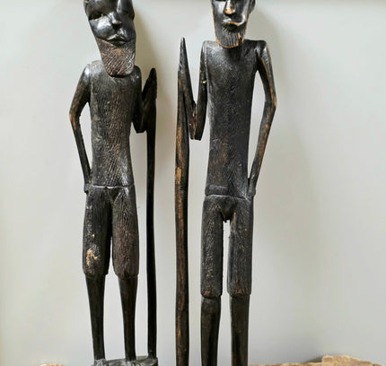 Vintage Hand-Carved African Wooden Statues - Pair of Tribal Warrior Sculptures, Mid-Century East African Folk Art Figures (Set of 2) - Yatva