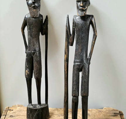 Vintage Hand-Carved African Wooden Statues - Pair of Tribal Warrior Sculptures, Mid-Century East African Folk Art Figures (Set of 2) - Yatva